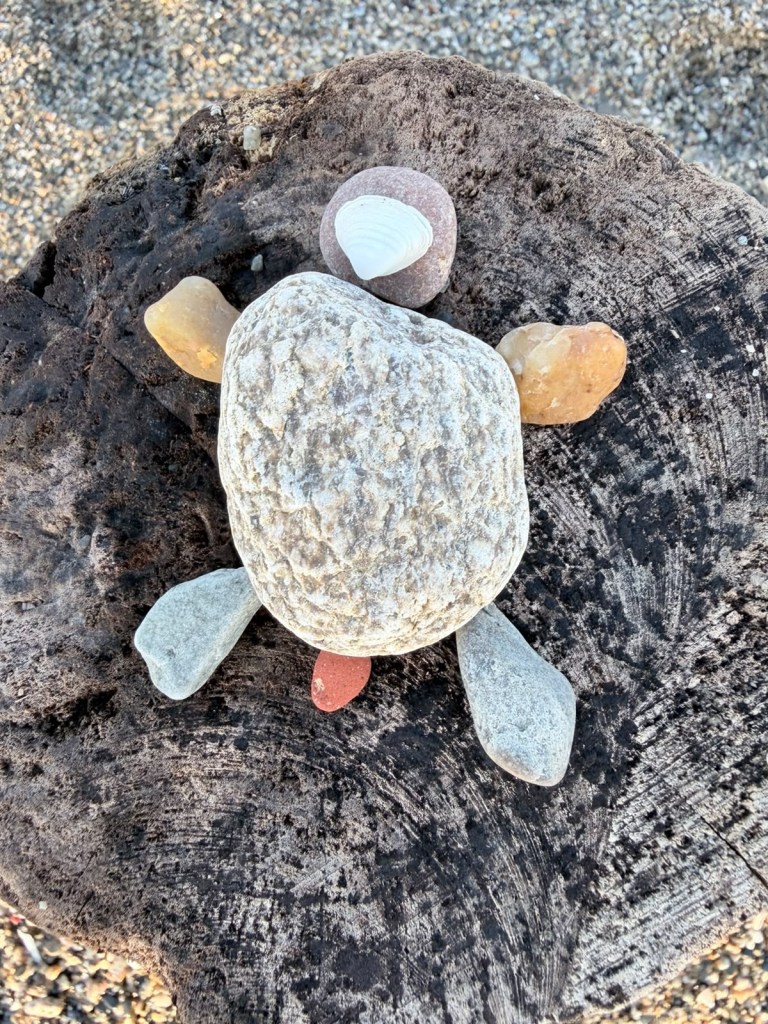 Tortue réalisée avec plusieurs galets peints et assemblés sur un tapis sombre.